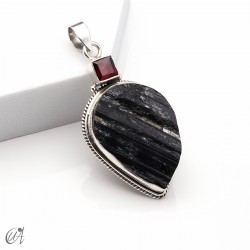 Rough black tourmaline pendant with garnet in sterling silver, model 5