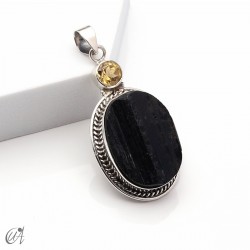Rough black tourmaline pendant with citrine in sterling silver, model 4