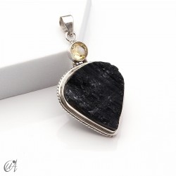 Rough black tourmaline pendant with citrine in sterling silver, model 5