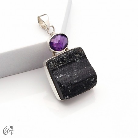 Rough black tourmaline pendant with amethyst in sterling silver, model 1