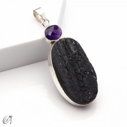 Rough black tourmaline pendant with amethyst in sterling silver, model 2