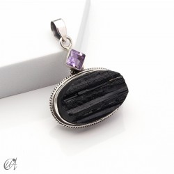 Colgante de turmalina negra en bruto con amatista en plata de 1ª ley, modelo 3