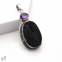 Rough black tourmaline pendant with amethyst in sterling silver, model 4