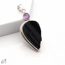Rough black tourmaline pendant with amethyst in sterling silver, model 5