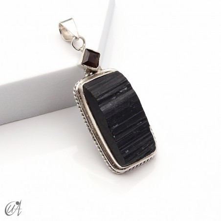 Rough black tourmaline pendant with smoky quartz in sterling silver, model 1