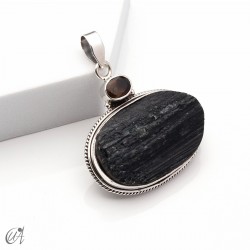 Rough black tourmaline pendant with smoky quartz in sterling silver, model 3