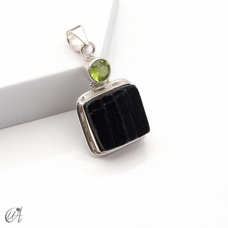 Rough black tourmaline pendant with peridot in sterling silver, model 1