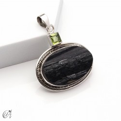 Rough black tourmaline pendant with peridot in sterling silver, model 3