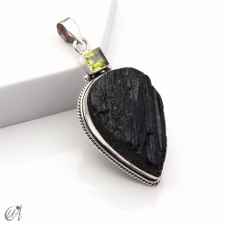 Rough black tourmaline pendant with peridot in sterling silver, model 5