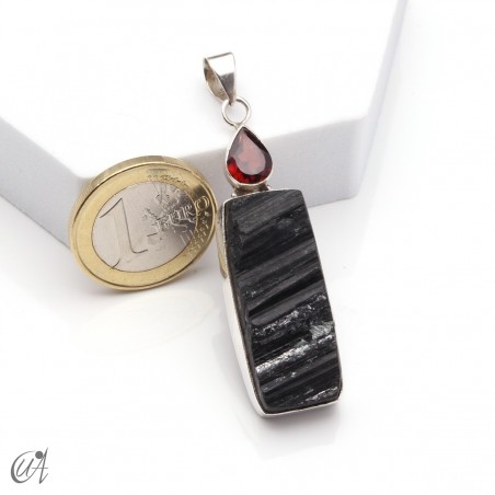 Rough black tourmaline pendant with garnet in sterling silver, model 1