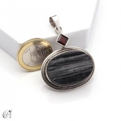 Rough black tourmaline pendant with garnet in sterling silver, model 3