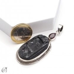 Rough black tourmaline pendant with garnet in sterling silver, model 4