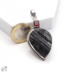 Rough black tourmaline pendant with garnet in sterling silver, model 5