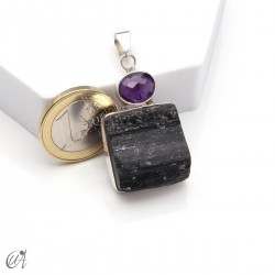 Rough black tourmaline pendant with amethyst in sterling silver, model 1