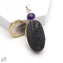 Rough black tourmaline pendant with amethyst in sterling silver, model 2