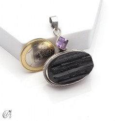 Rough black tourmaline pendant with amethyst in sterling silver, model 3