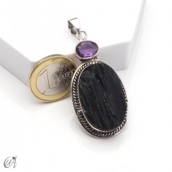 Rough black tourmaline pendant with amethyst in sterling silver, model 4