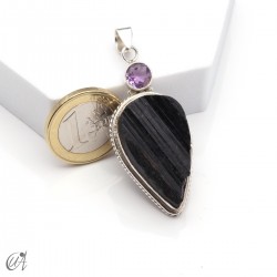 Rough black tourmaline pendant with amethyst in sterling silver, model 5