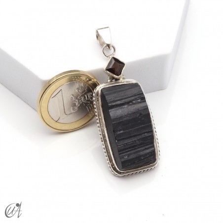 Rough black tourmaline pendant with smoky quartz in sterling silver, model 1