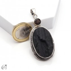 Rough black tourmaline pendant with smoky quartz in sterling silver, model 4