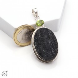 Rough black tourmaline pendant with peridot in sterling silver, model 2