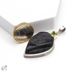 Rough black tourmaline pendant with peridot in sterling silver, model 5