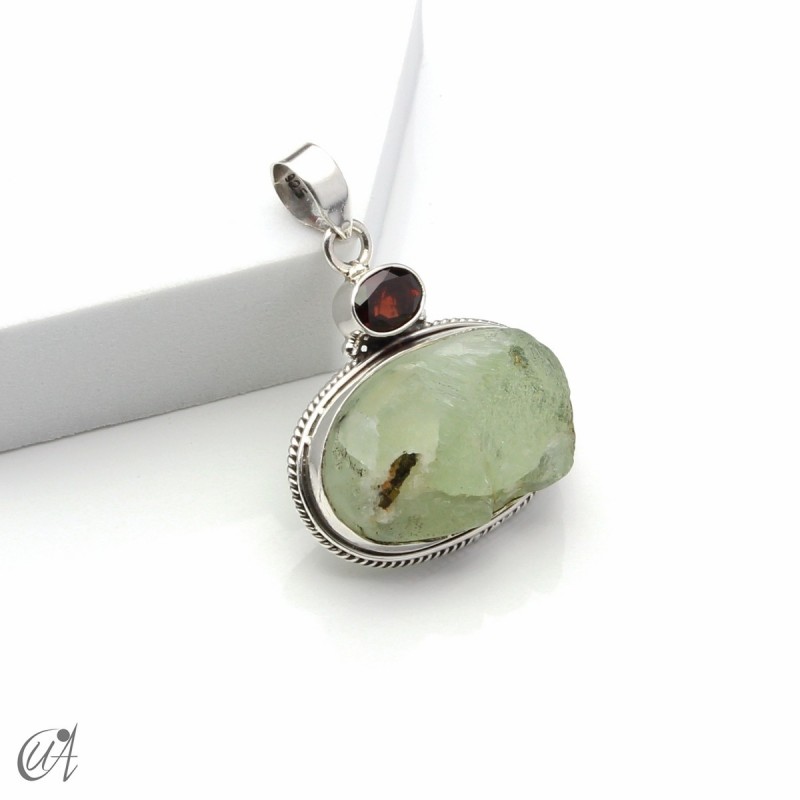 Rough prehnite pendant with garnet in sterling silver, model 1