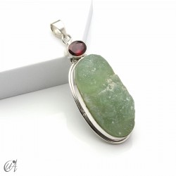 Rough prehnite pendant with garnet in sterling silver, model 1