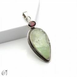 Rough prehnite pendant with garnet in sterling silver, model 1