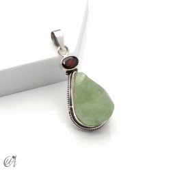 Rough prehnite pendant with garnet in sterling silver, model 1