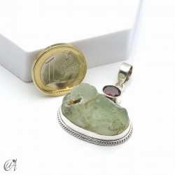 Rough prehnite pendant with garnet in sterling silver, model 1