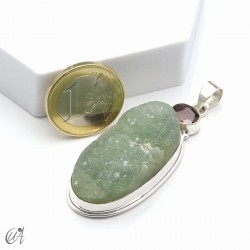 Rough prehnite pendant with garnet in sterling silver, model 1