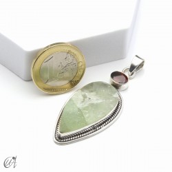 Rough prehnite pendant with garnet in sterling silver, model 1
