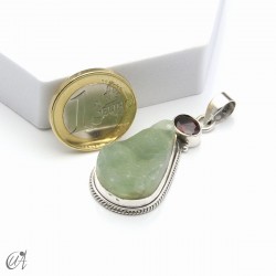 Rough prehnite pendant with garnet in sterling silver, model 1