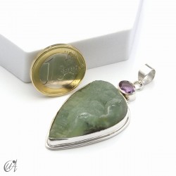 Rough prehnite pendant with amethyst in sterling silver, model 3
