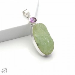 Rough prehnite pendant with amethyst in sterling silver, model 2