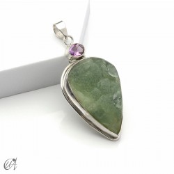 Rough prehnite pendant with amethyst in sterling silver, model 3
