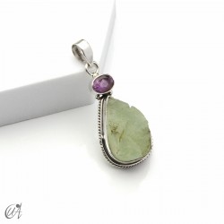 Rough prehnite pendant with amethyst in sterling silver, model 4