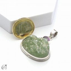Rough prehnite pendant with amethyst in sterling silver, model 1