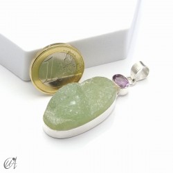 Rough prehnite pendant with amethyst in sterling silver, model 2