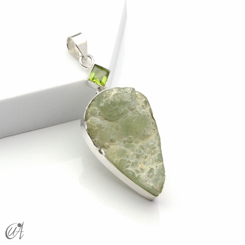 Rough prehnite pendant with peridot in sterling silver, model 1