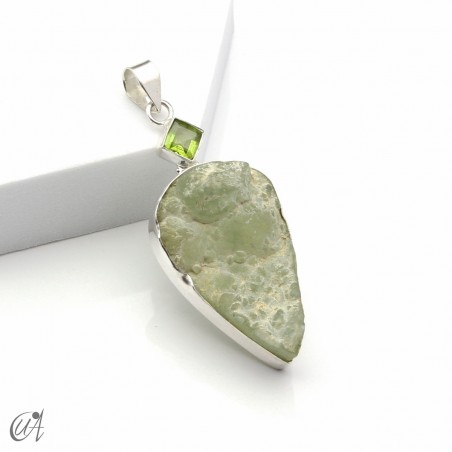 Rough prehnite pendant with peridot in sterling silver, model 1
