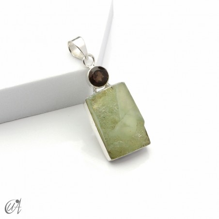 Rough prehnite pendant with smoky quartz in sterling silver, model 1
