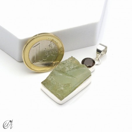 Rough prehnite pendant with smoky quartz in sterling silver, model 1