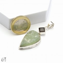 Rough prehnite pendant with smoky quartz in sterling silver, model 3