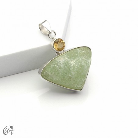 Rough prehnite pendant with citrine in sterling silver, model 1