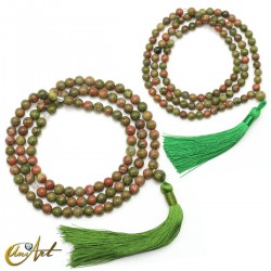 Buddhist japa mala beads of unakite