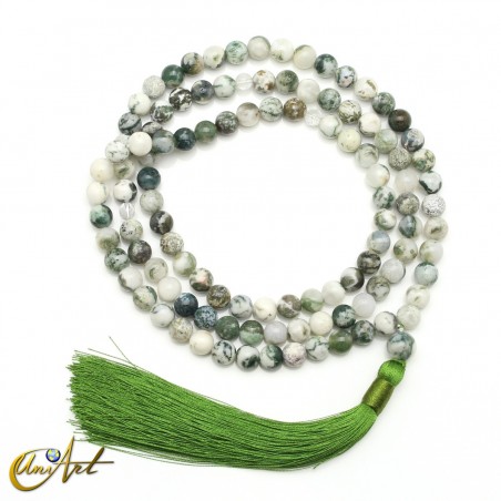 Tree agate buddhist mala beads, 8 mm