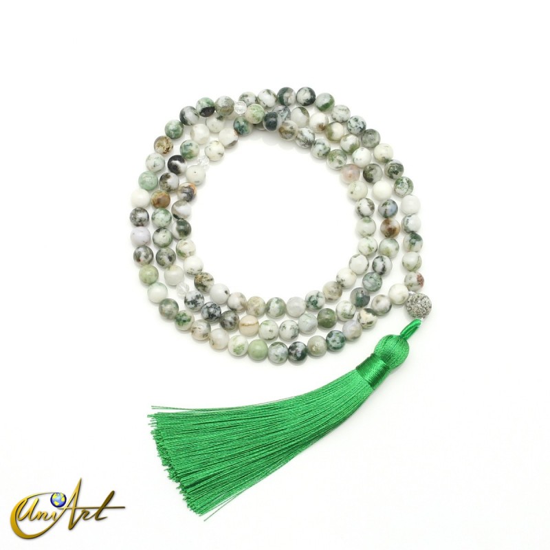 Tree agate buddhist mala beads, 6 mm