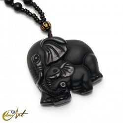 Carved obsidian elephants with necklace